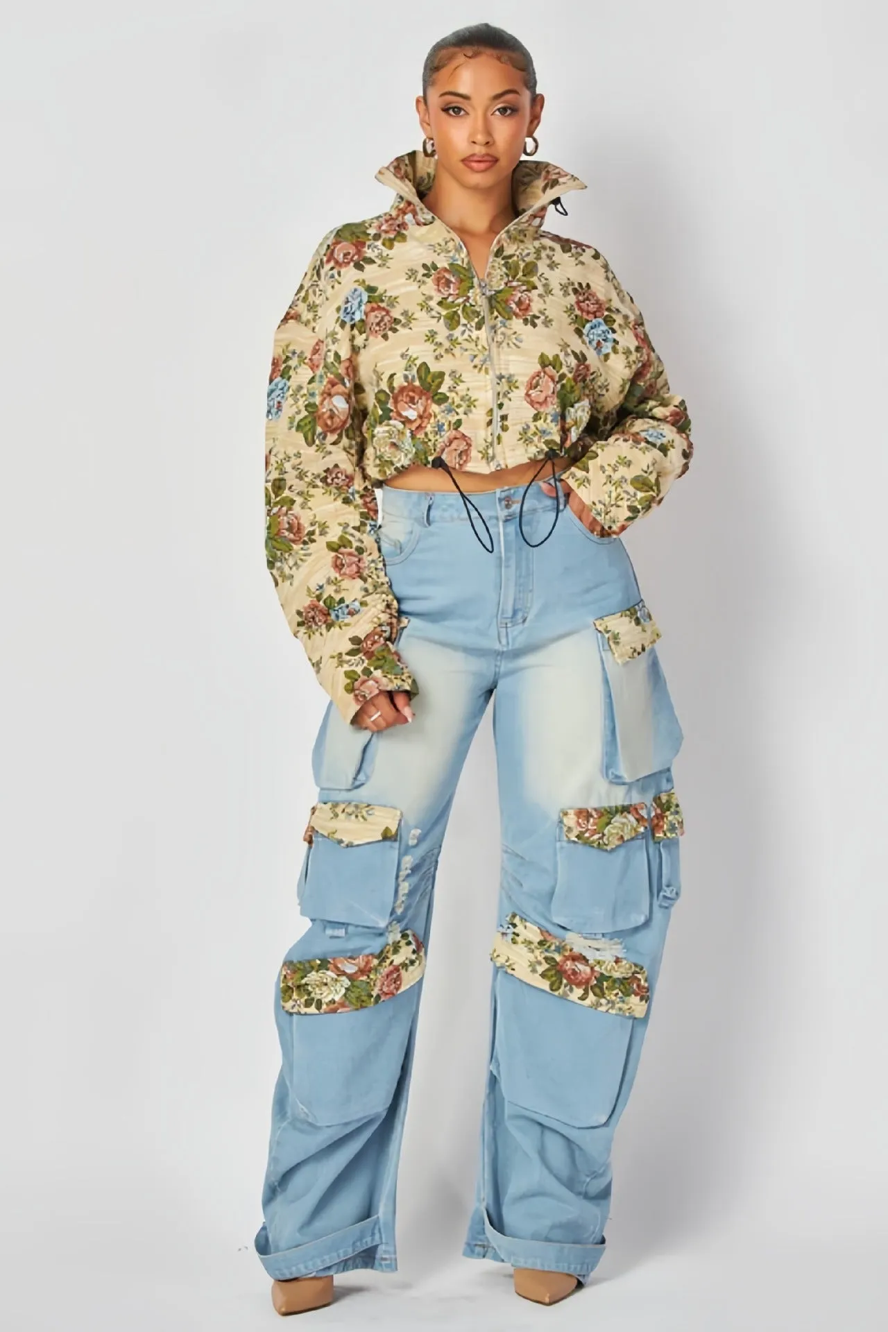 Floral Jacket and Denim Cargo Pant Two-Piece Set for Bold Autumn Style