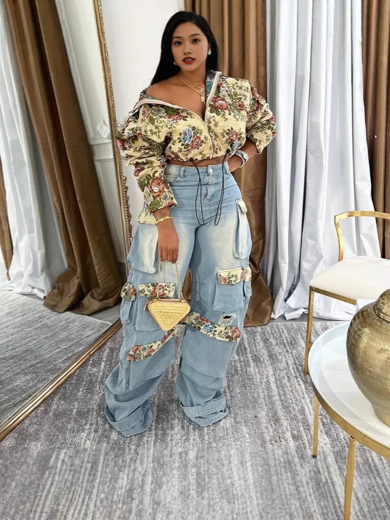 Floral Jacket and Denim Cargo Pant Two-Piece Set for Bold Autumn Style