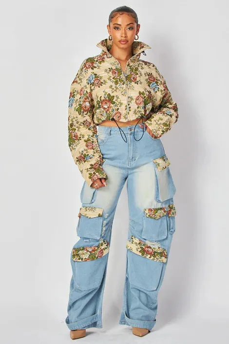 Floral Jacket and Denim Cargo Pant Two-Piece Set for Bold Autumn Style