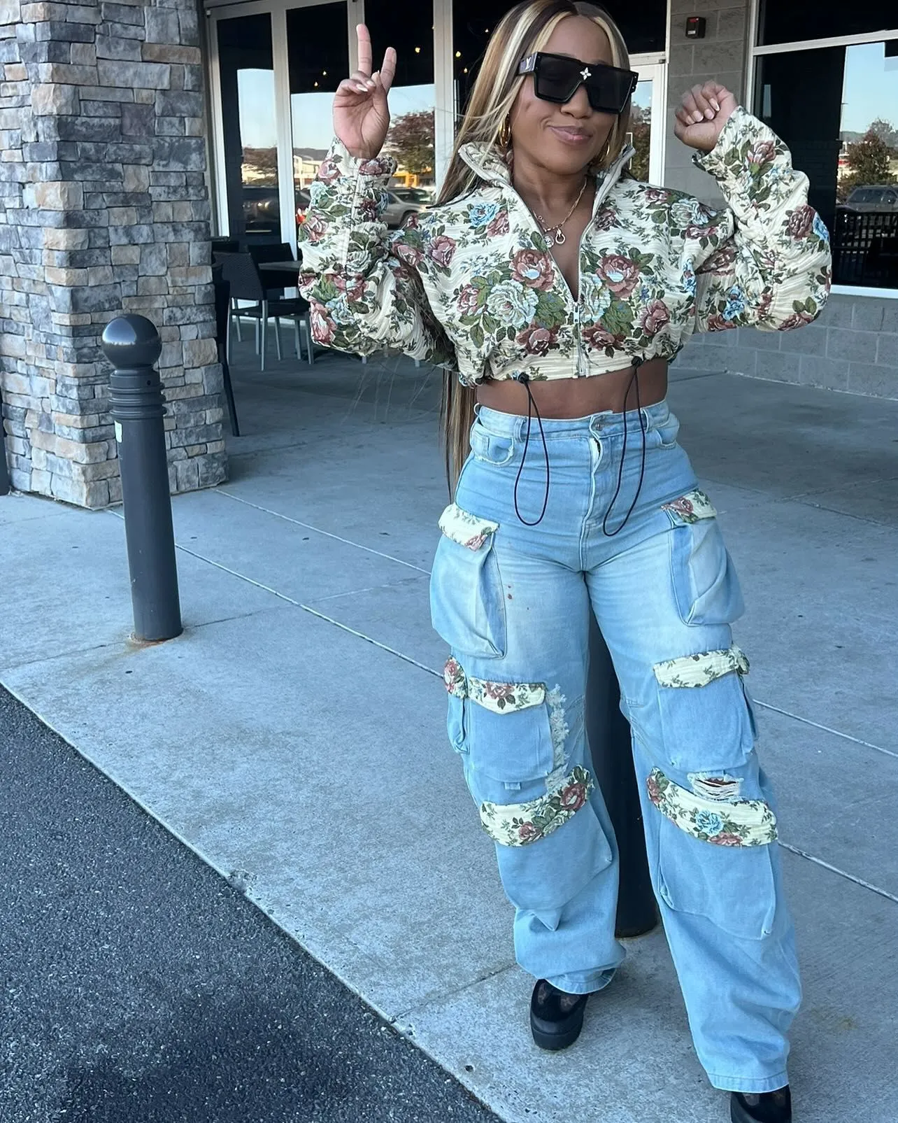 Floral Jacket and Denim Cargo Pant Two-Piece Set for Bold Autumn Style