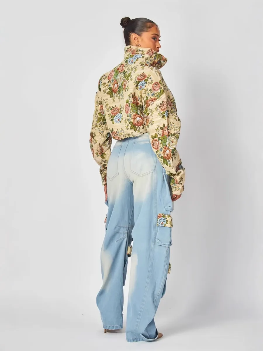 Floral Jacket and Denim Cargo Pant Two-Piece Set for Bold Autumn Style