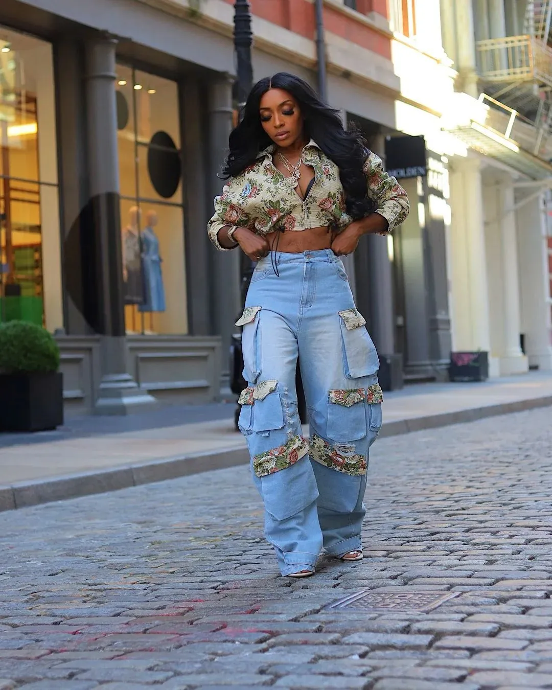 Floral Jacket and Denim Cargo Pant Two-Piece Set for Bold Autumn Style