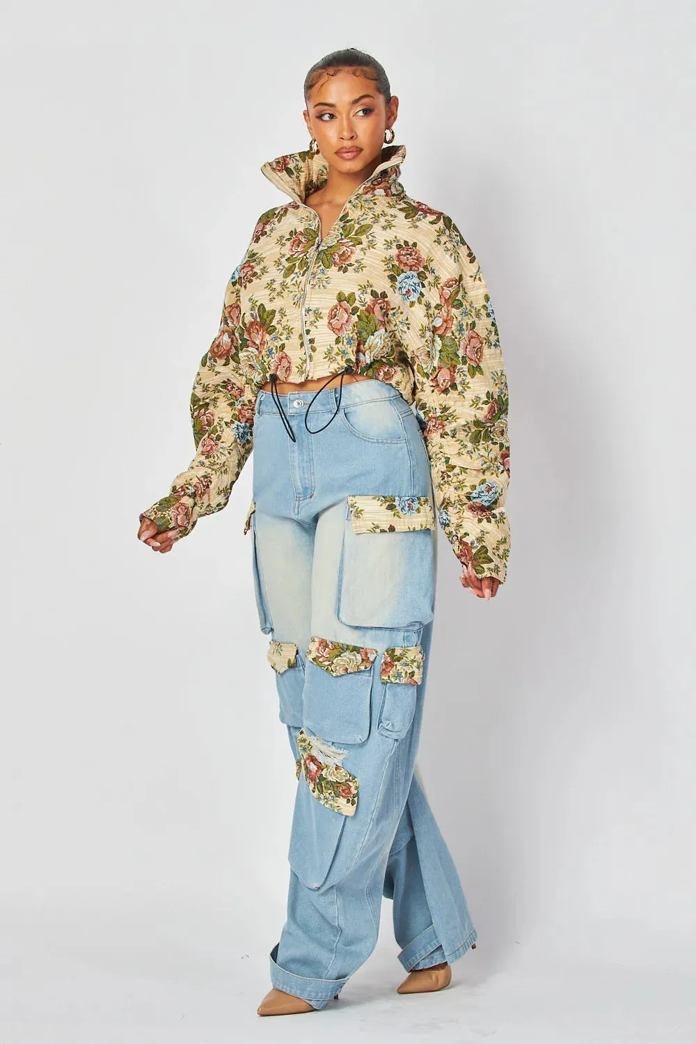 Floral Jacket and Denim Cargo Pant Two-Piece Set for Bold Autumn Style