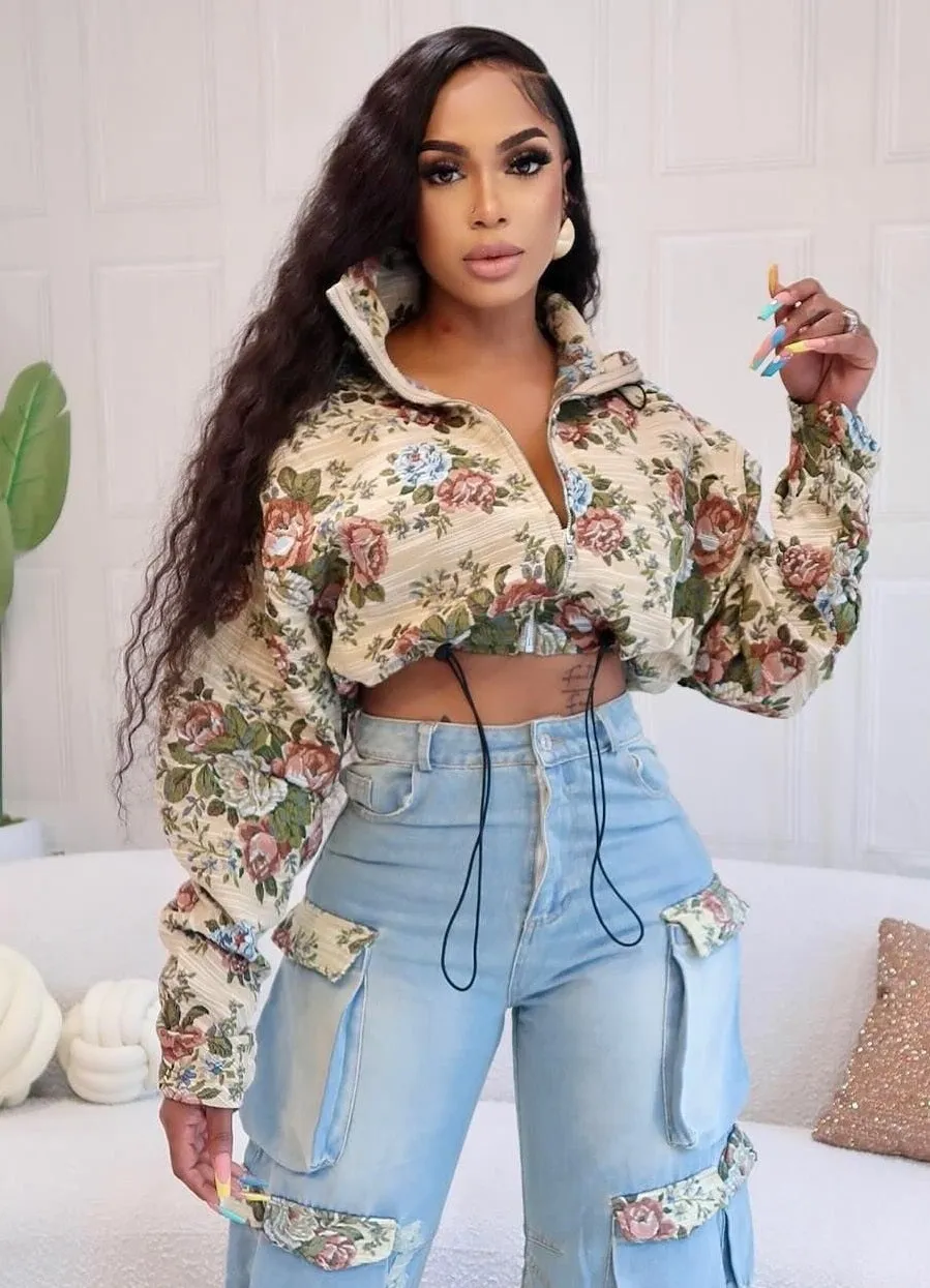 Floral Jacket and Denim Cargo Pant Two-Piece Set for Bold Autumn Style