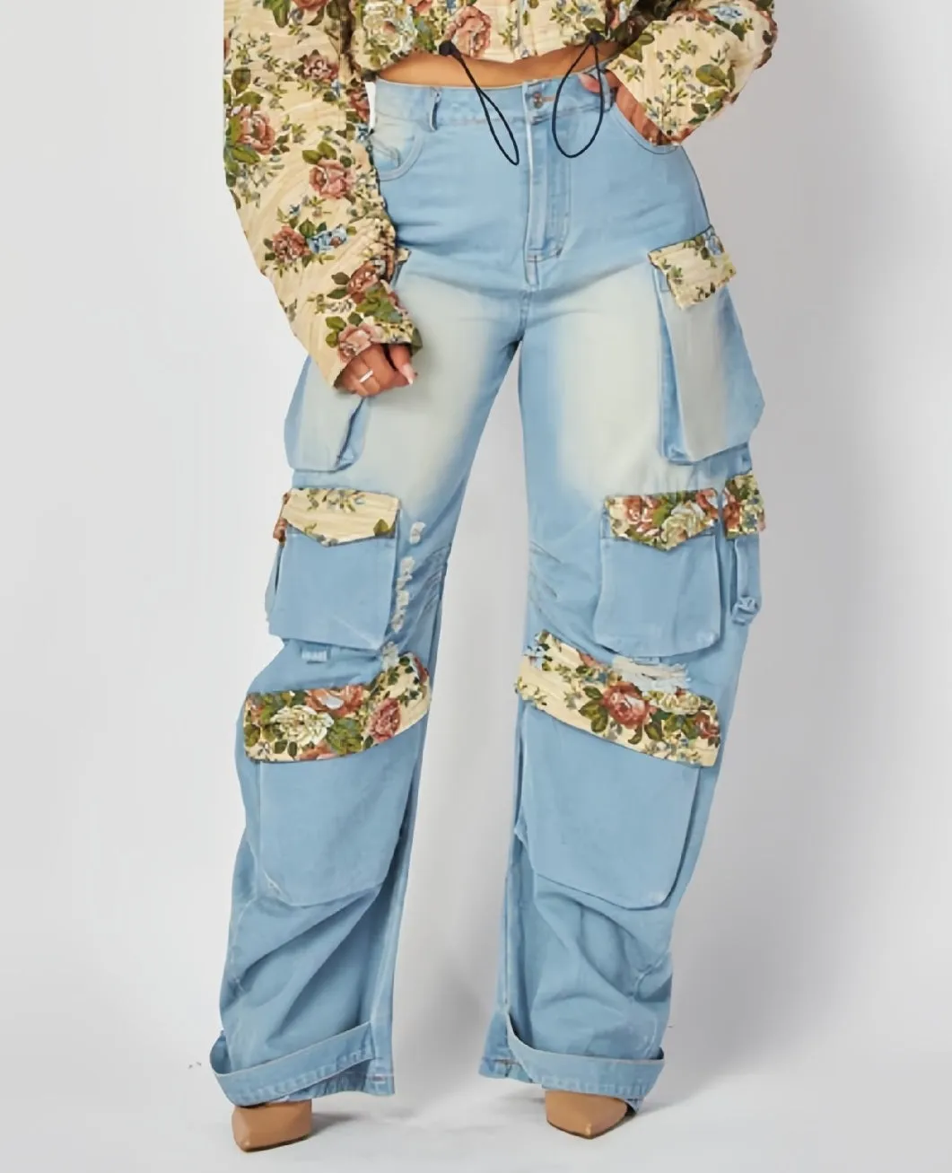 Floral Jacket and Denim Cargo Pant Two-Piece Set for Bold Autumn Style