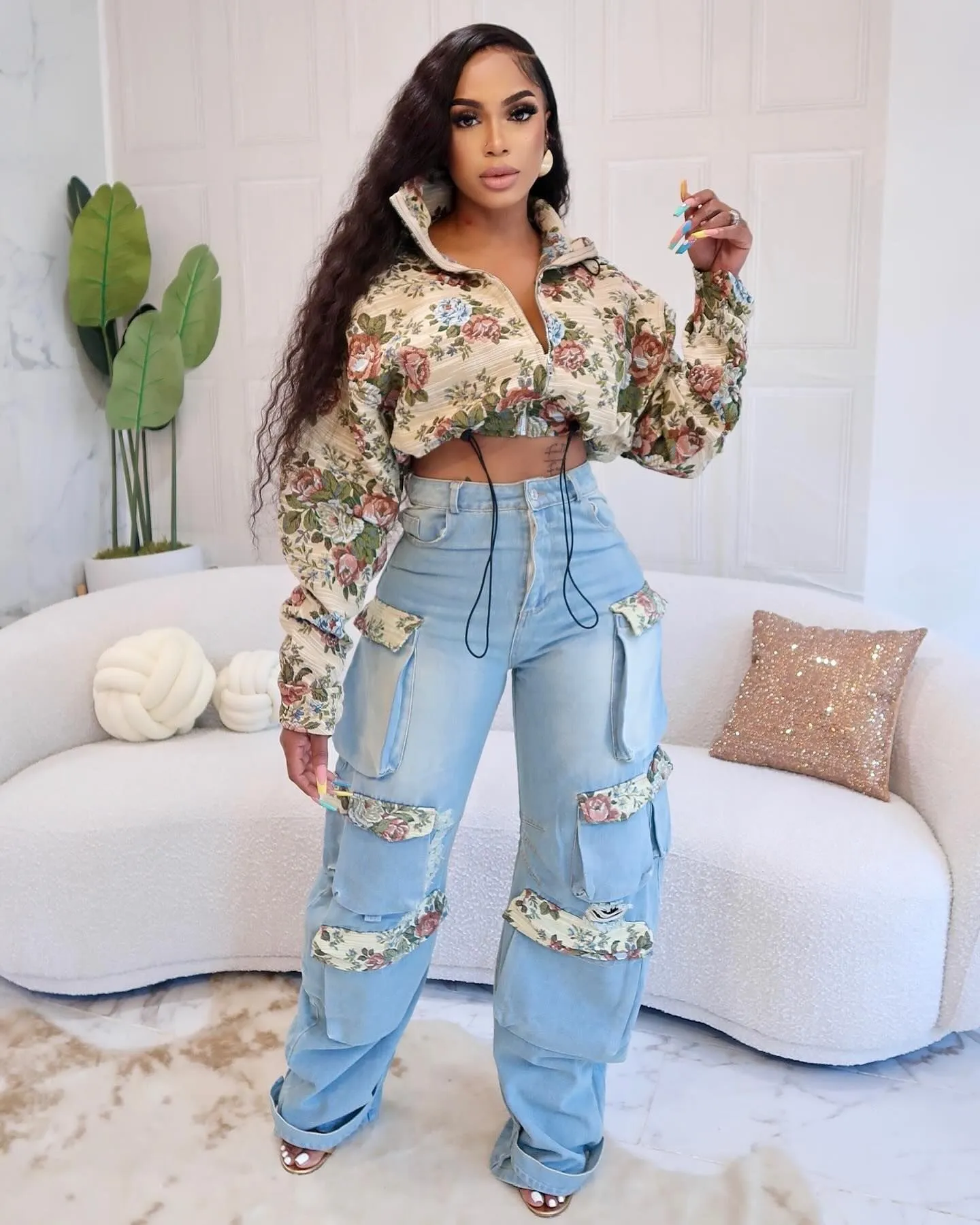 Floral Jacket and Denim Cargo Pant Two-Piece Set for Bold Autumn Style