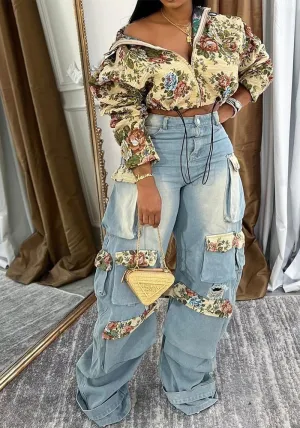 Floral Jacket and Denim Cargo Pant Two-Piece Set for Bold Autumn Style