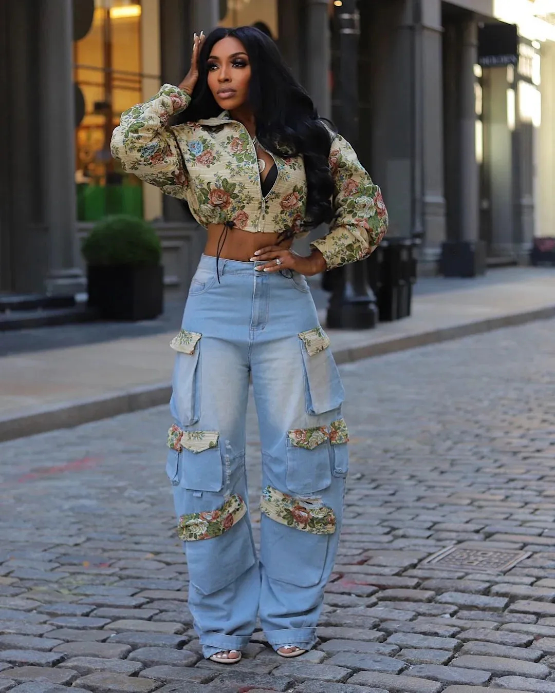 Floral Jacket and Denim Cargo Pant Two-Piece Set for Bold Autumn Style