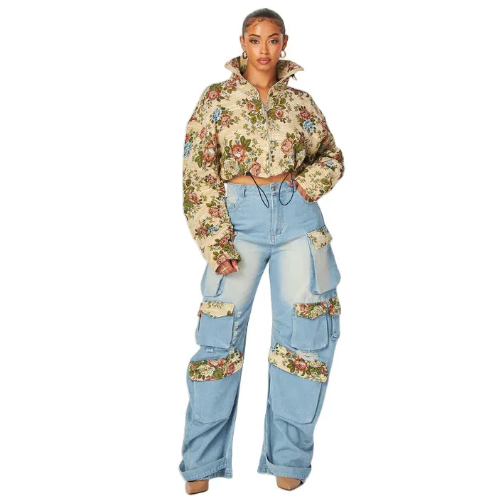 Floral Jacket and Denim Cargo Pant Two-Piece Set for Bold Autumn Style