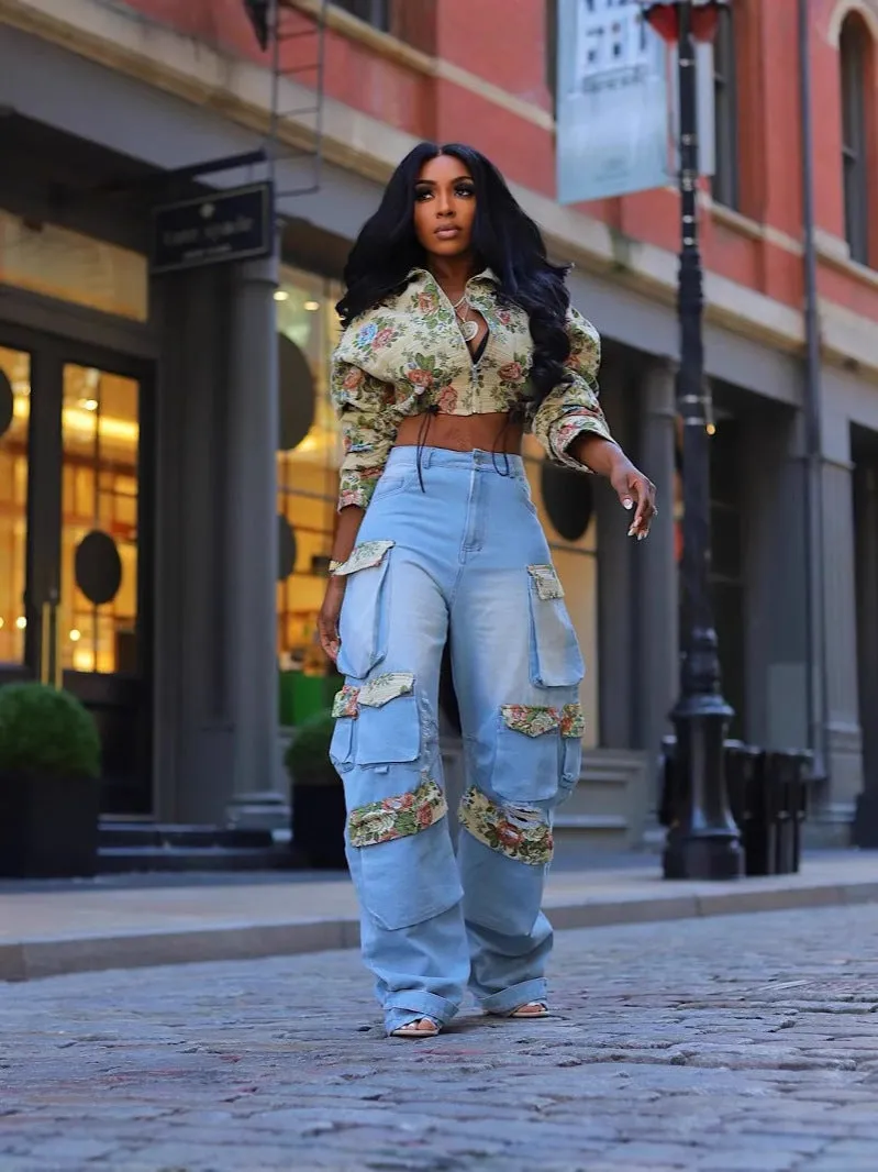 Floral Jacket and Denim Cargo Pant Two-Piece Set for Bold Autumn Style