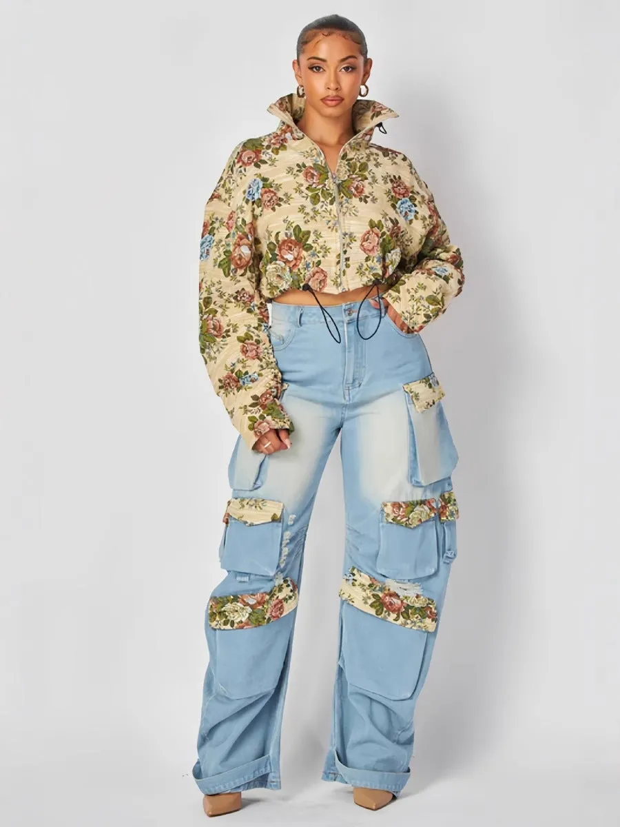 Floral Jacket and Denim Cargo Pant Two-Piece Set for Bold Autumn Style