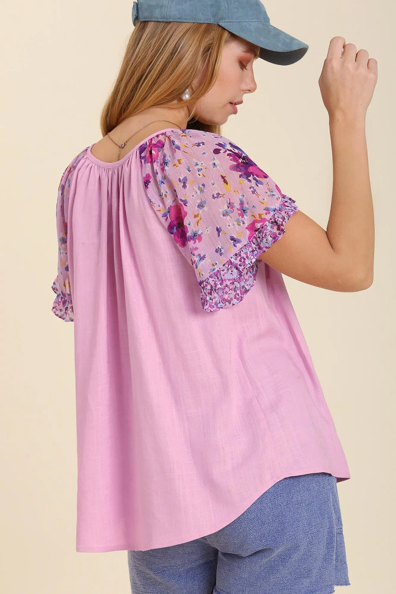 Floral Short Sleeve Front Tie Keyhole Top - Light Lavender