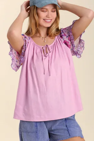 Floral Short Sleeve Front Tie Keyhole Top - Light Lavender