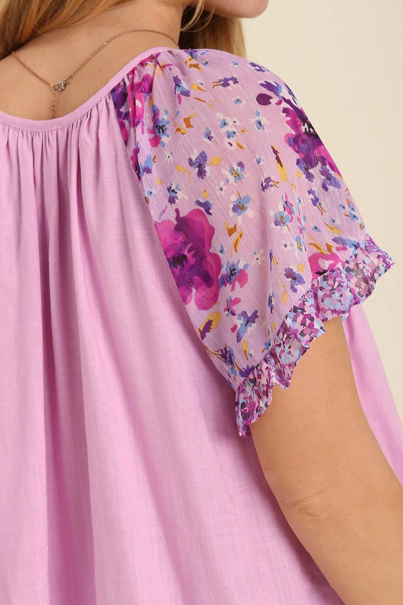 Floral Short Sleeve Front Tie Keyhole Top - Light Lavender