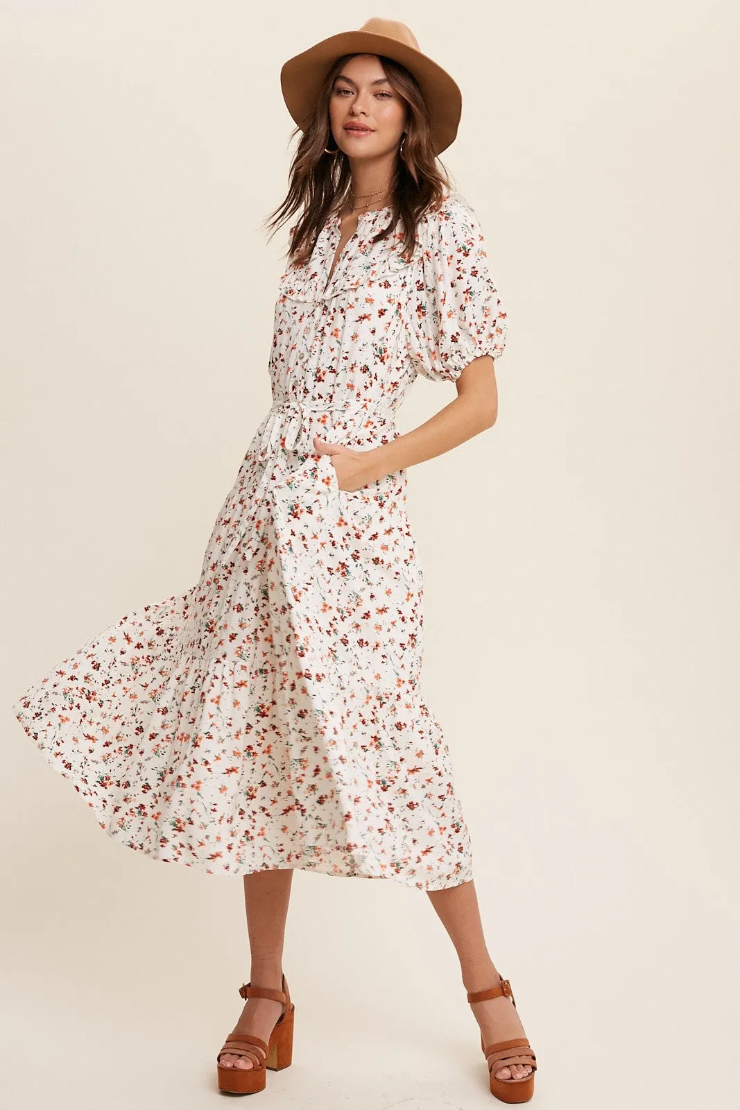Flower Print Button Front Ruffles Maxi Dress - Final Sale