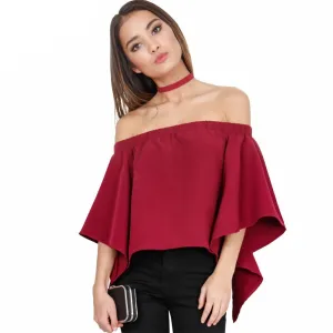 Fore Fair sexy off shoulder blouse shirt flare sleeve open back women blouses plus size ruffles slash neck tops