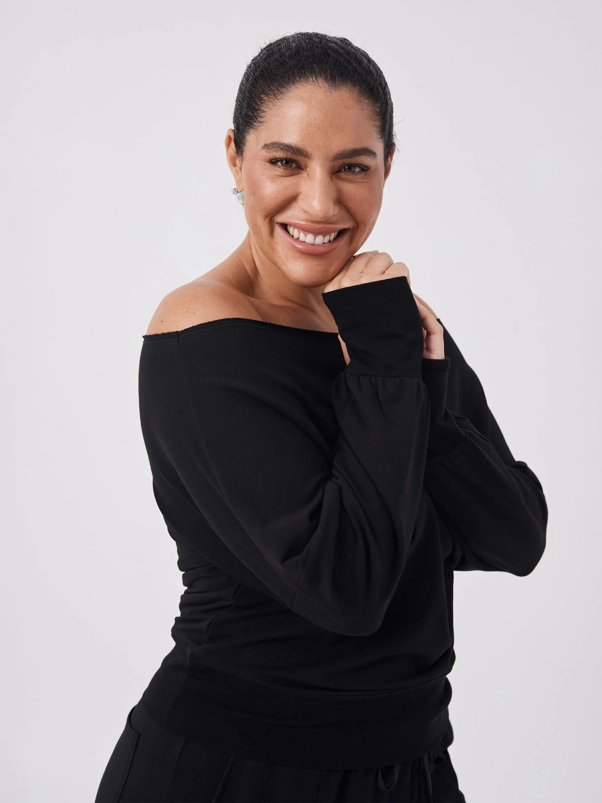 French Terry Off Shoulder Sweatshirt - Black