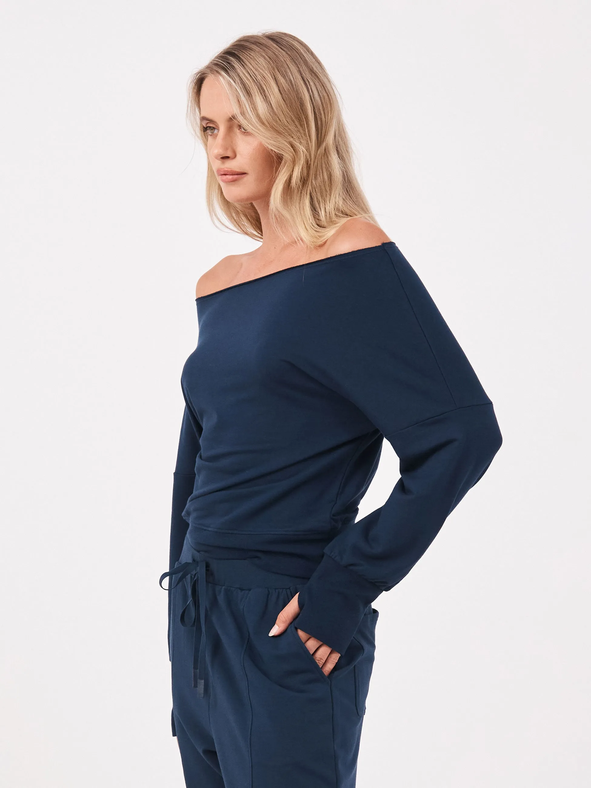 French Terry Off Shoulder Sweatshirt - Navy