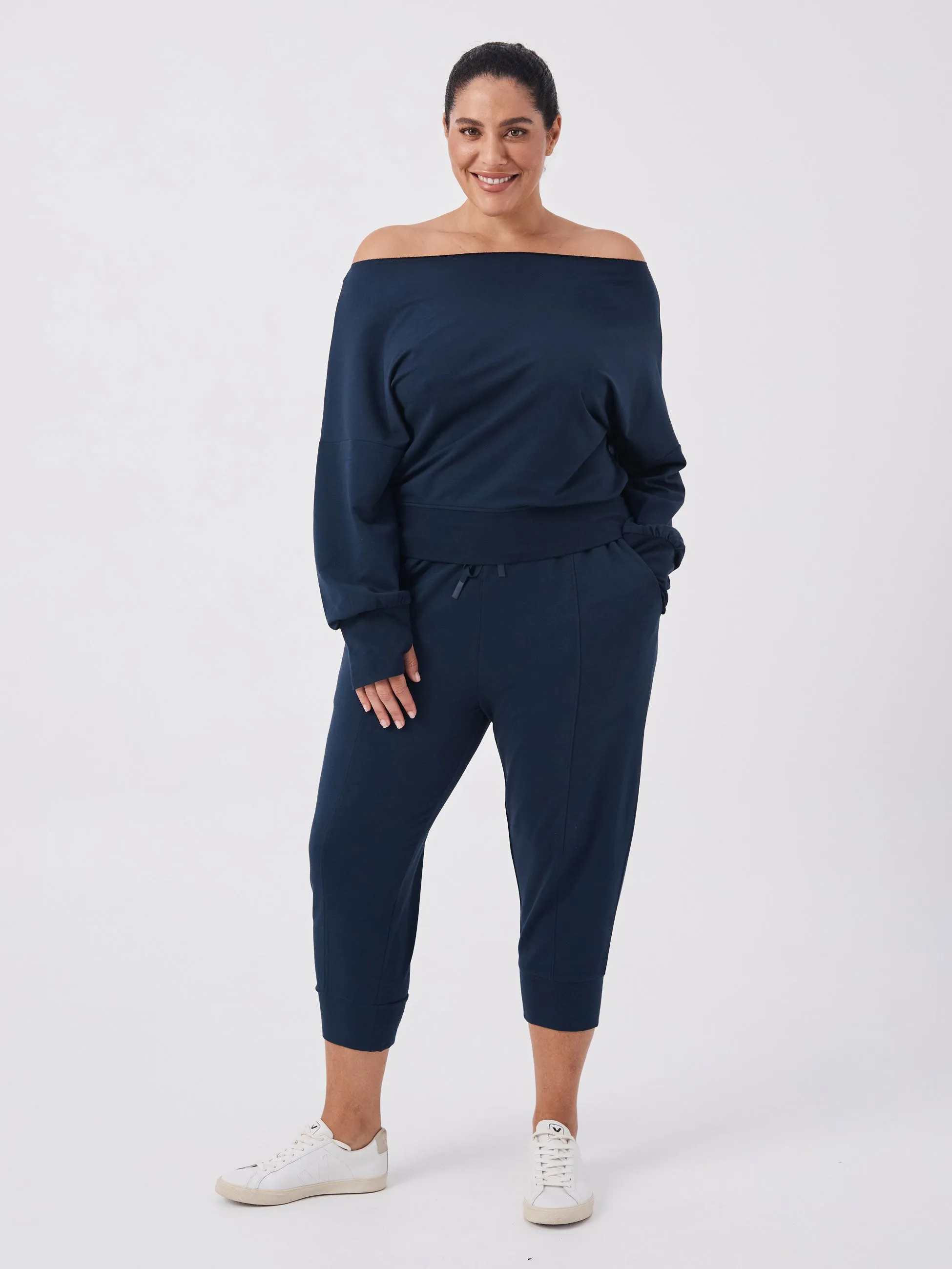 French Terry Off Shoulder Sweatshirt - Navy