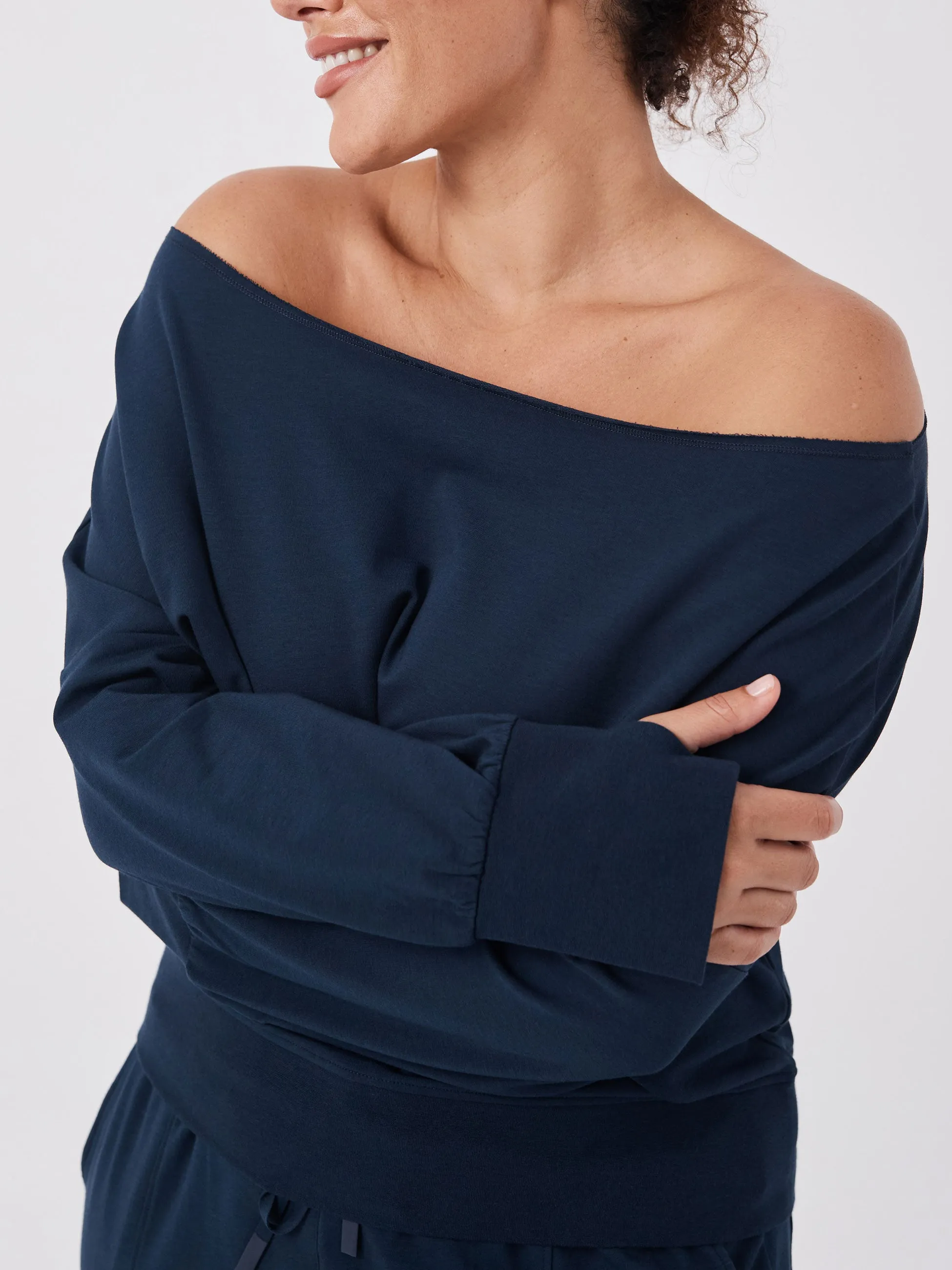 French Terry Off Shoulder Sweatshirt - Navy