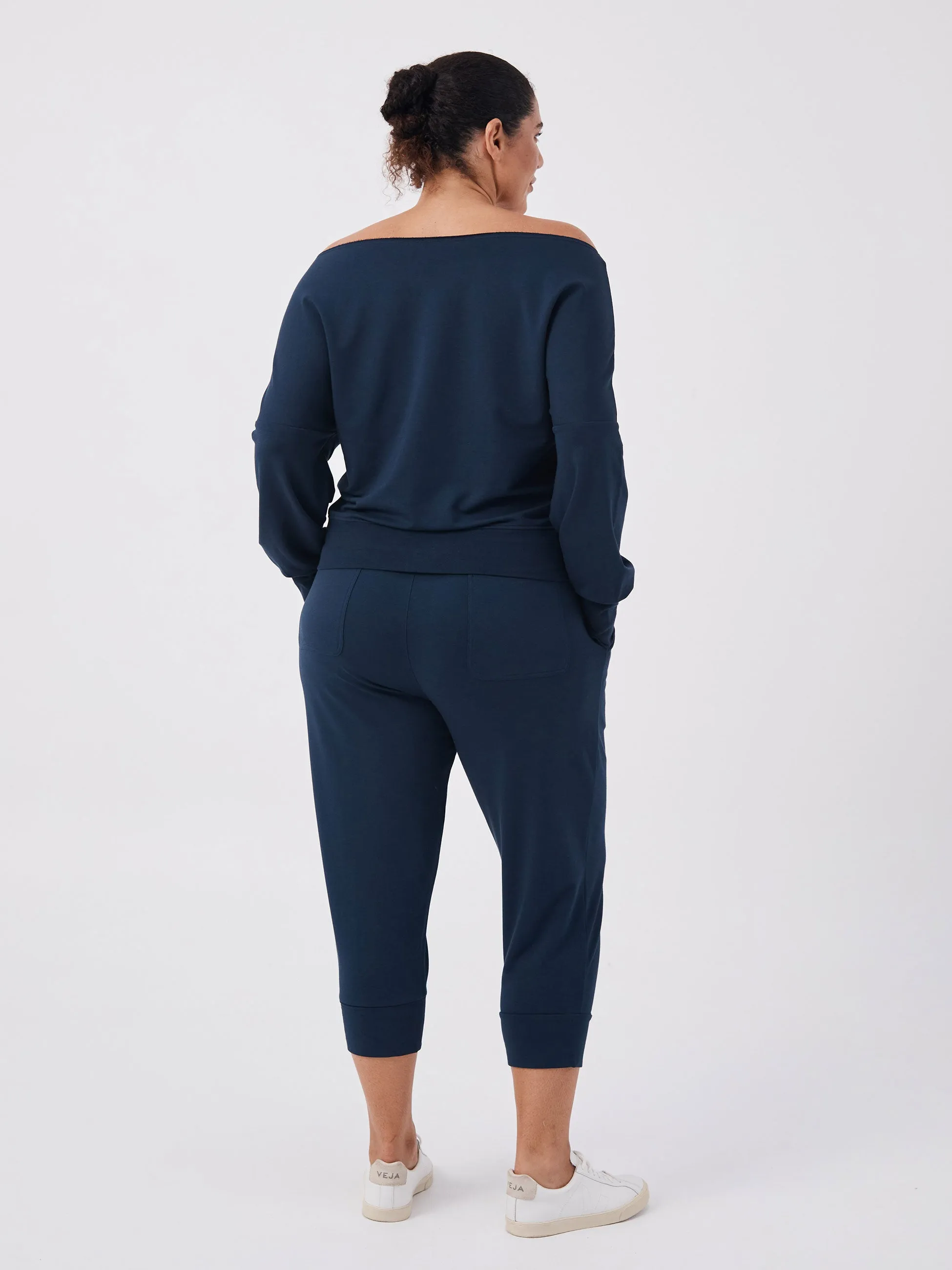 French Terry Off Shoulder Sweatshirt - Navy