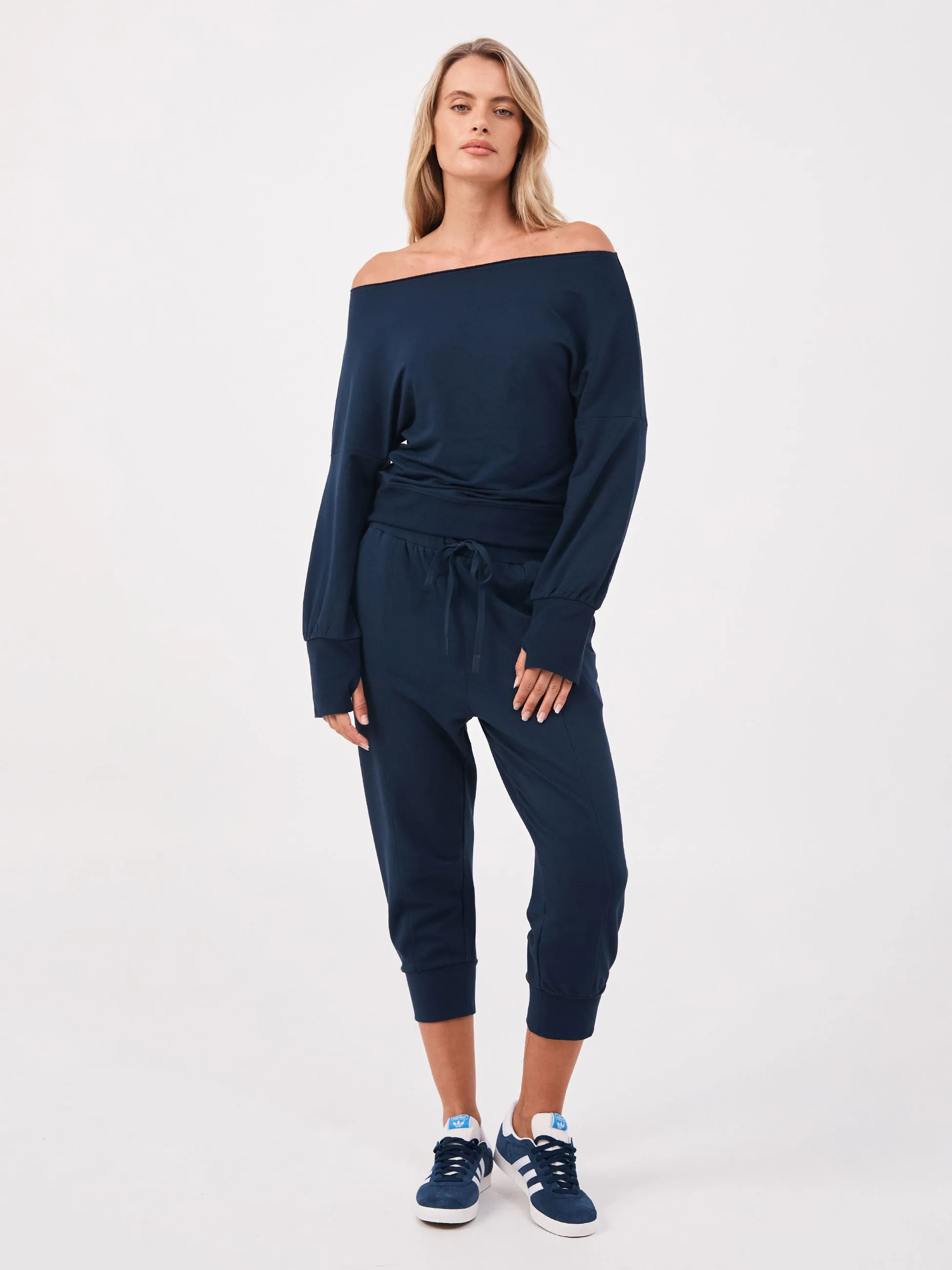 French Terry Off Shoulder Sweatshirt - Navy