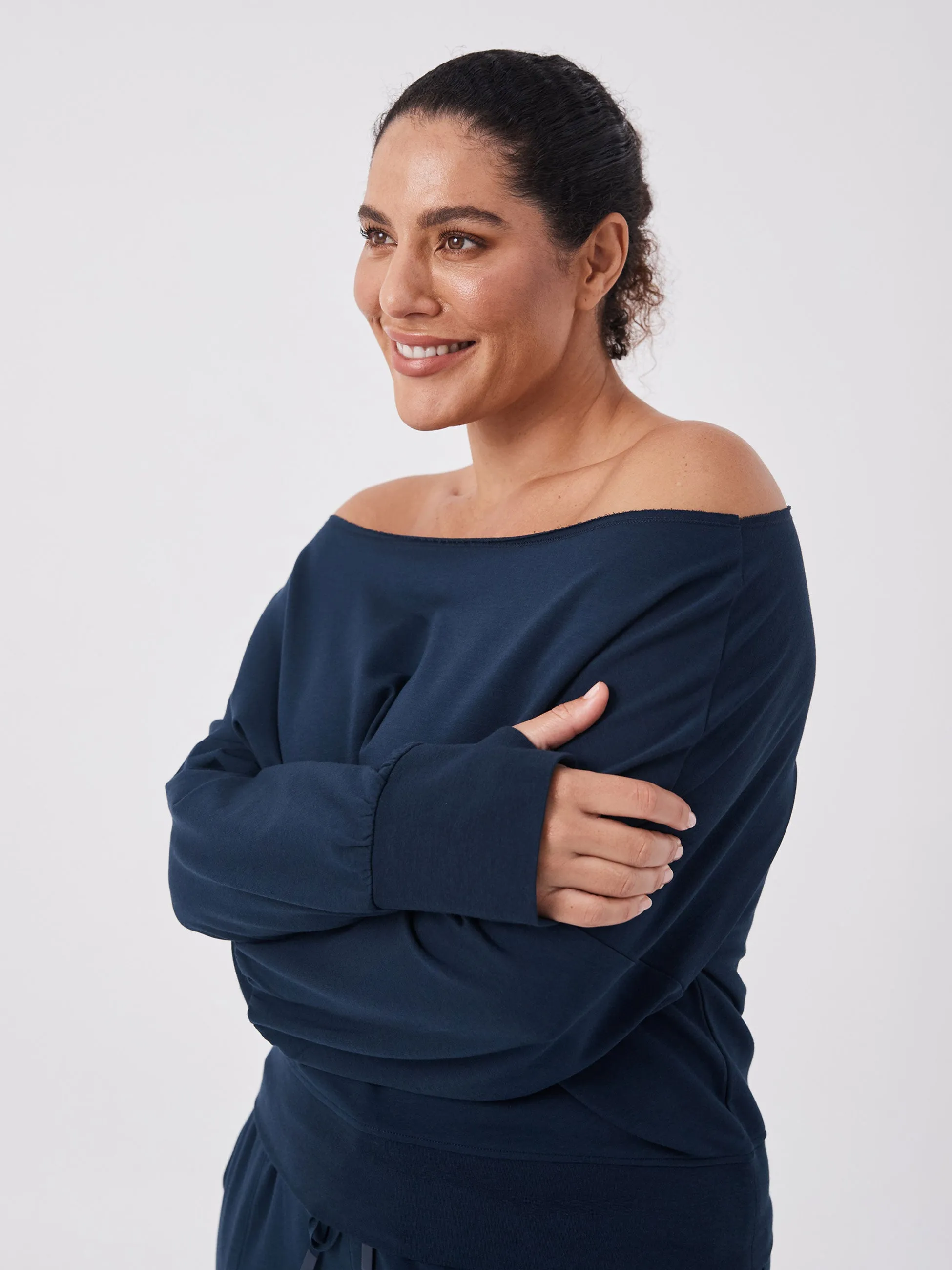 French Terry Off Shoulder Sweatshirt - Navy