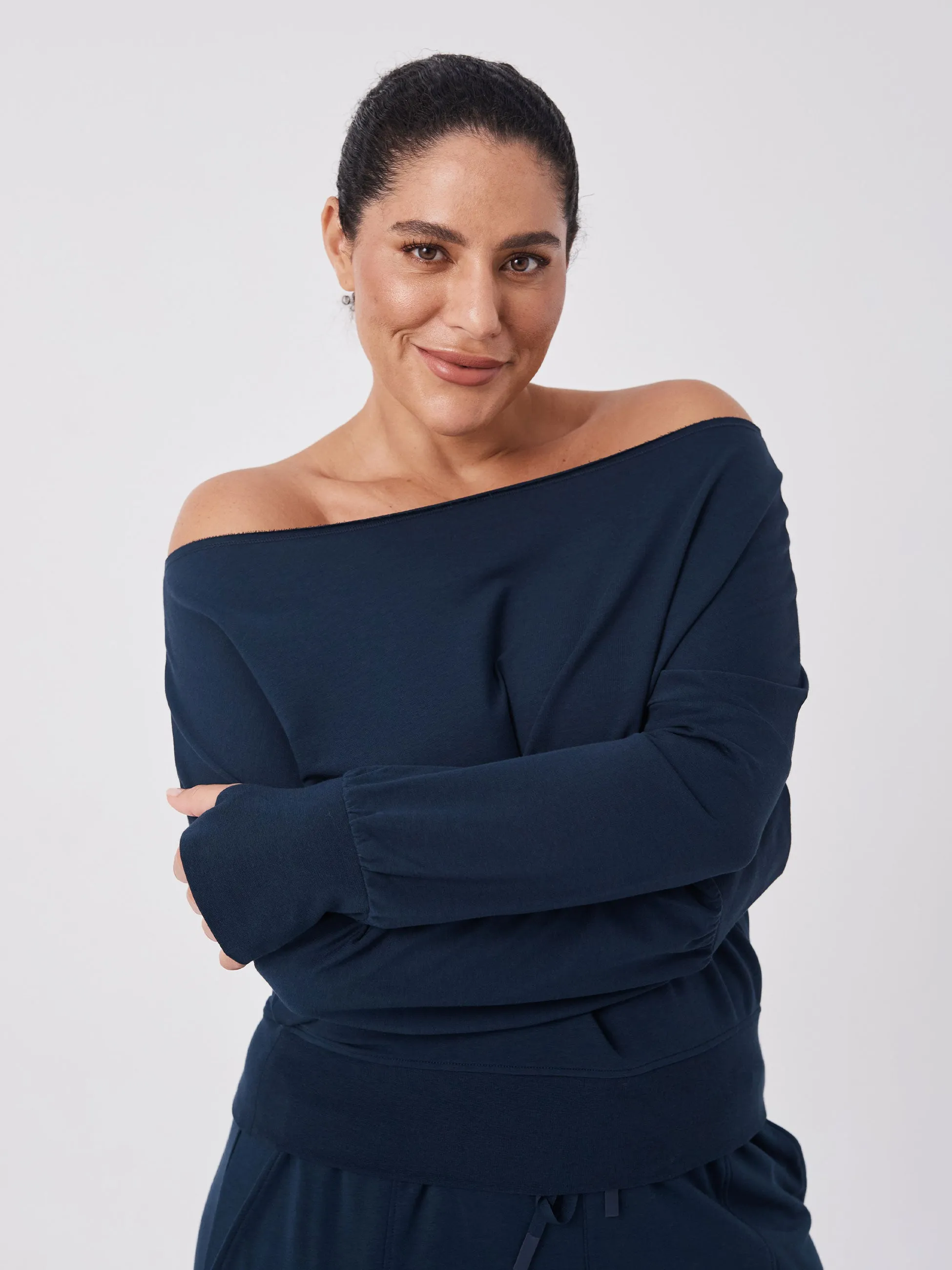 French Terry Off Shoulder Sweatshirt - Navy