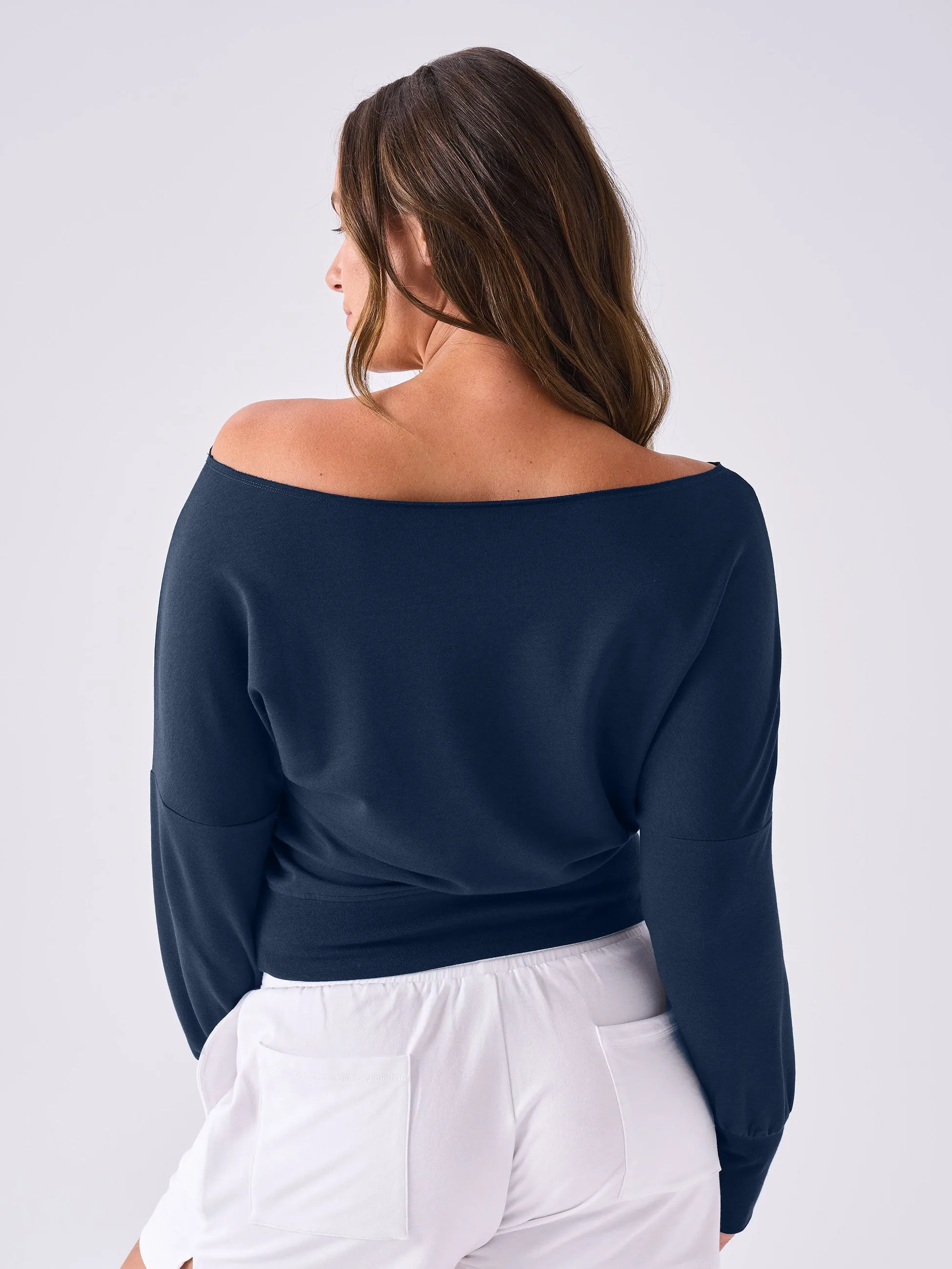 French Terry Off Shoulder Sweatshirt - Navy