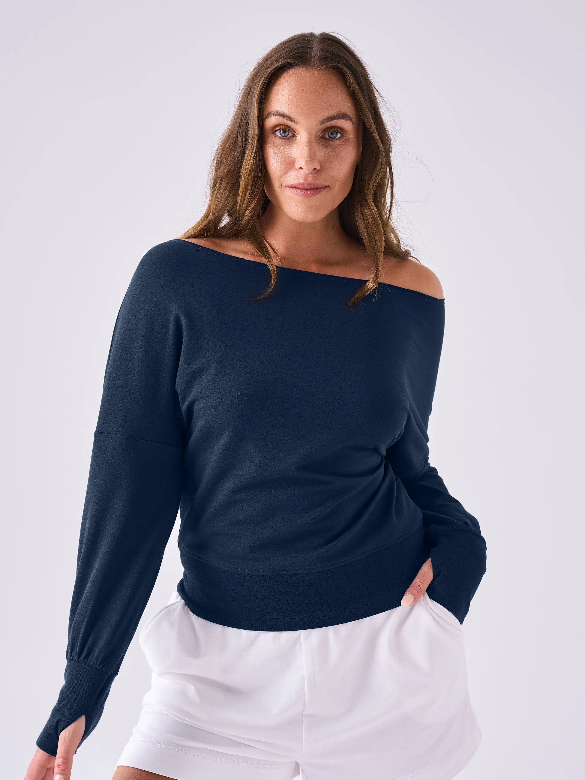 French Terry Off Shoulder Sweatshirt - Navy