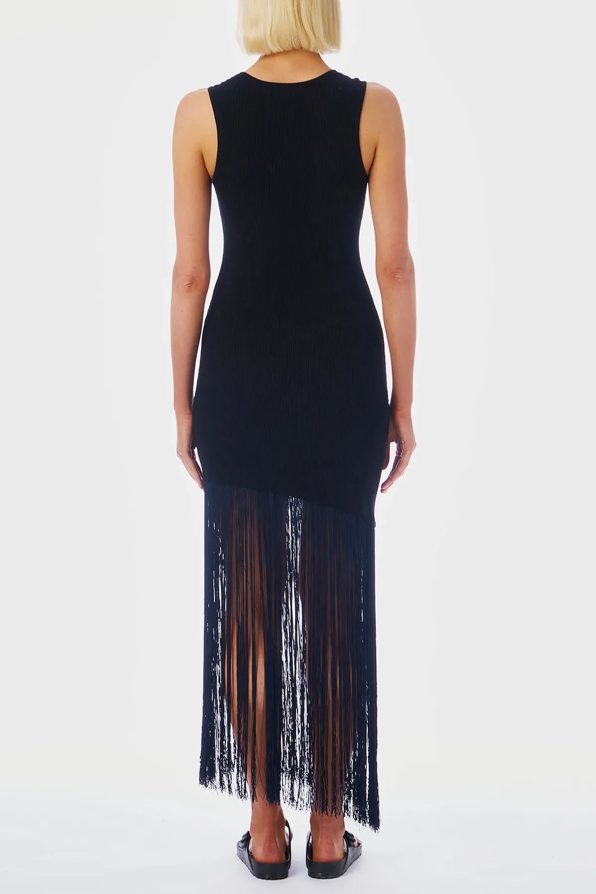 Fringe Hem Tank Dress in Black