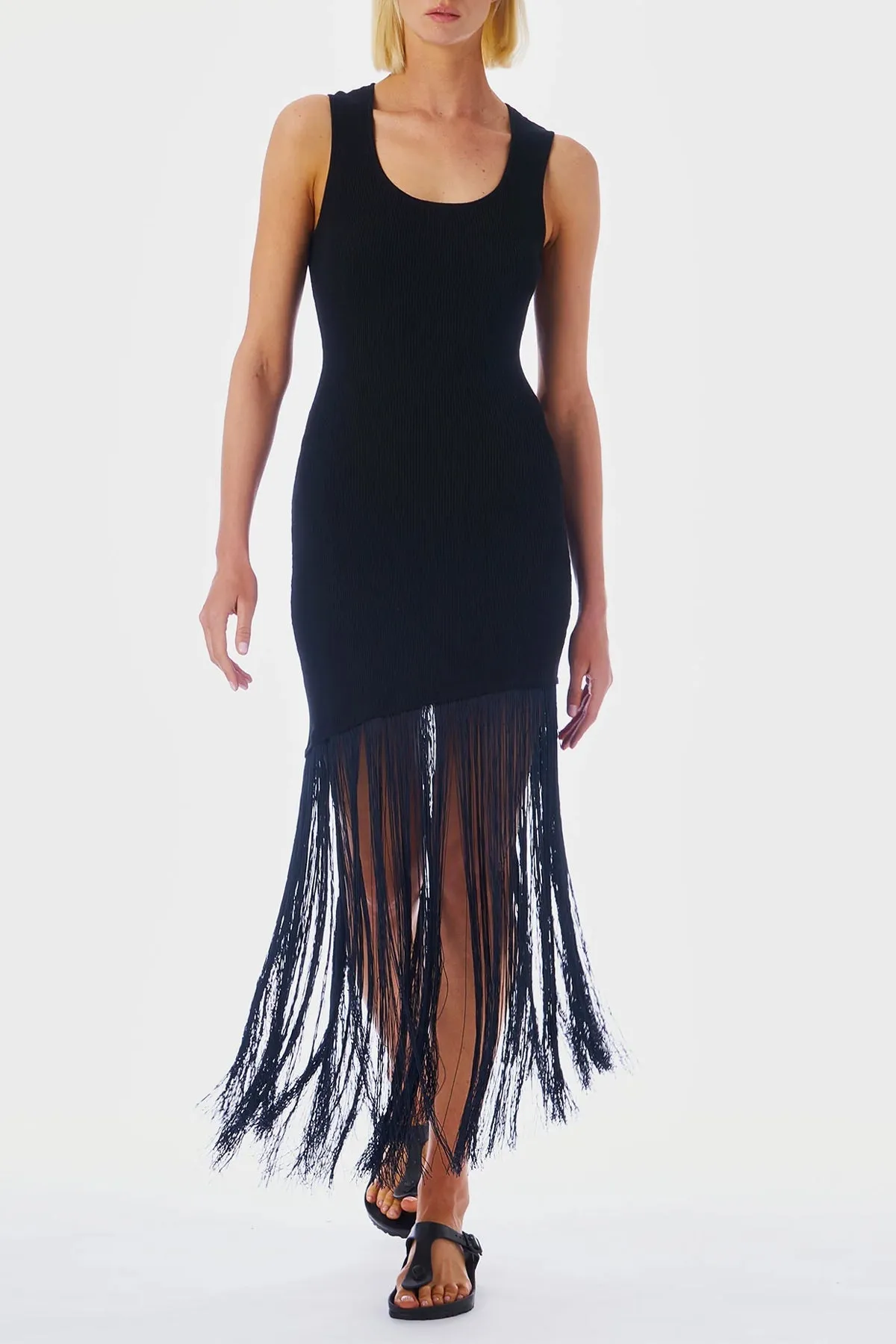 Fringe Hem Tank Dress in Black