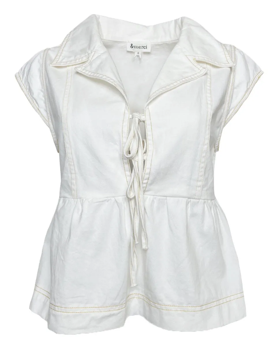 Front Tie Cap Sleeve Top in Snow Denim