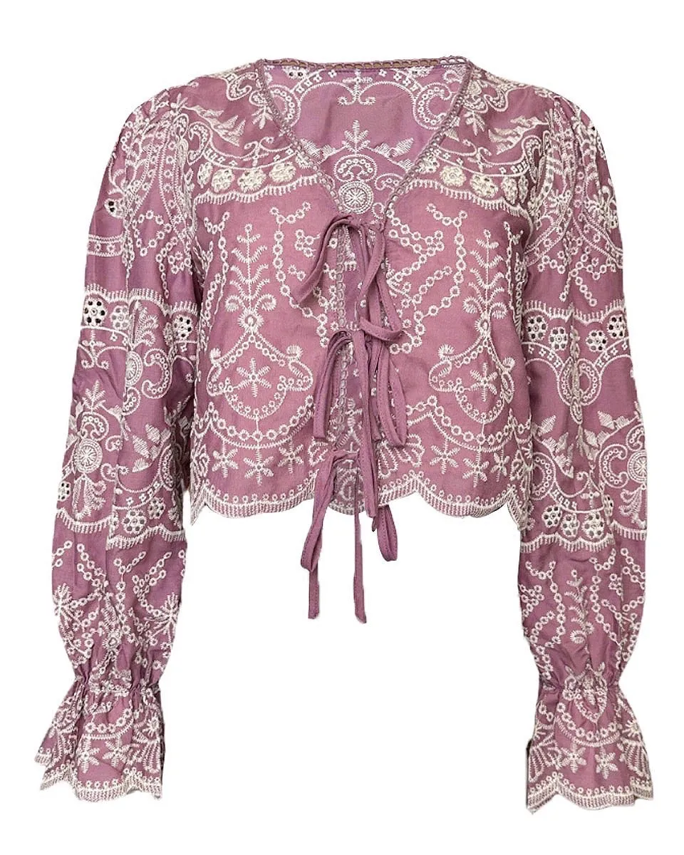 Front Tie Long Sleeve Eyelet Top in Mauve