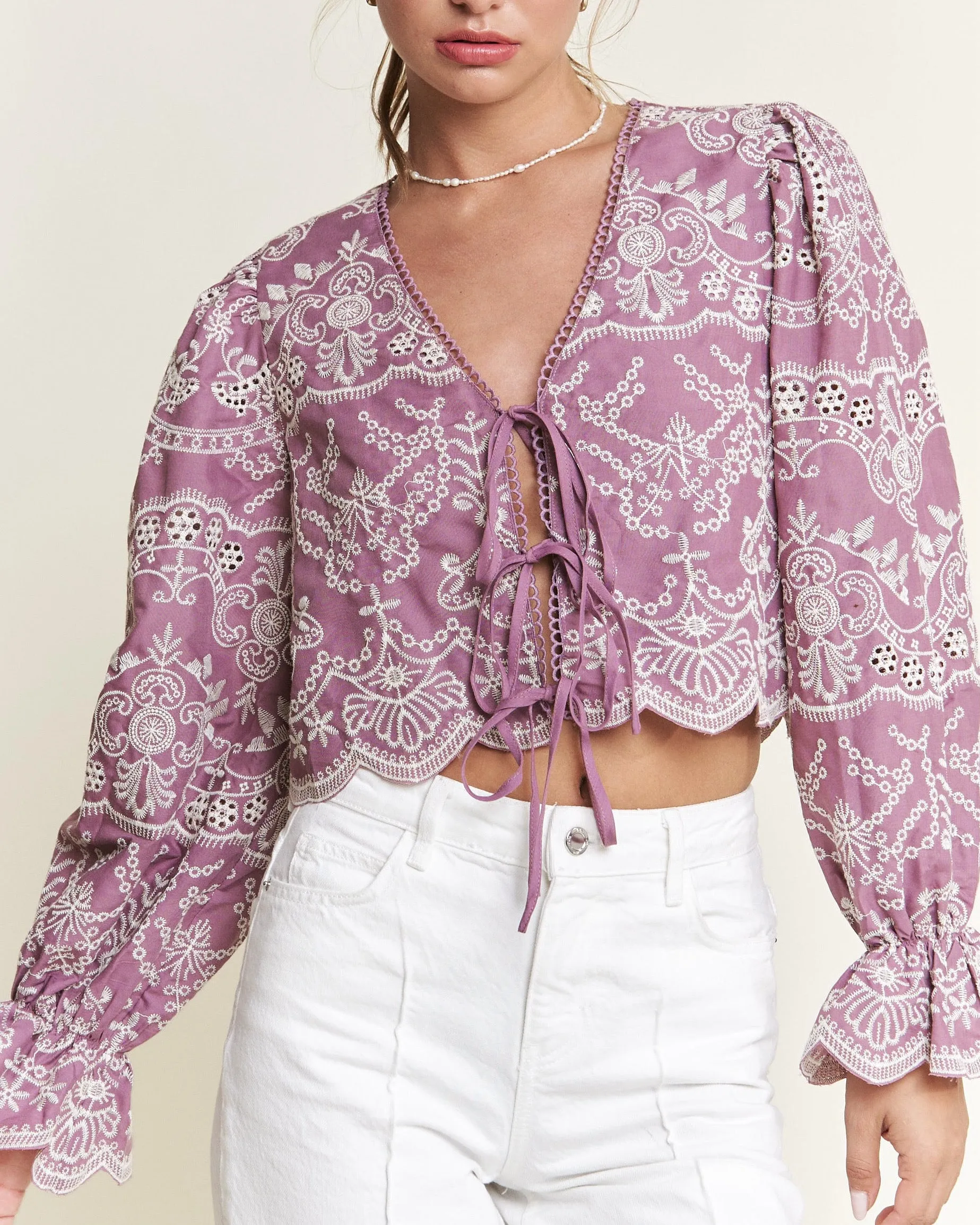 Front Tie Long Sleeve Eyelet Top in Mauve