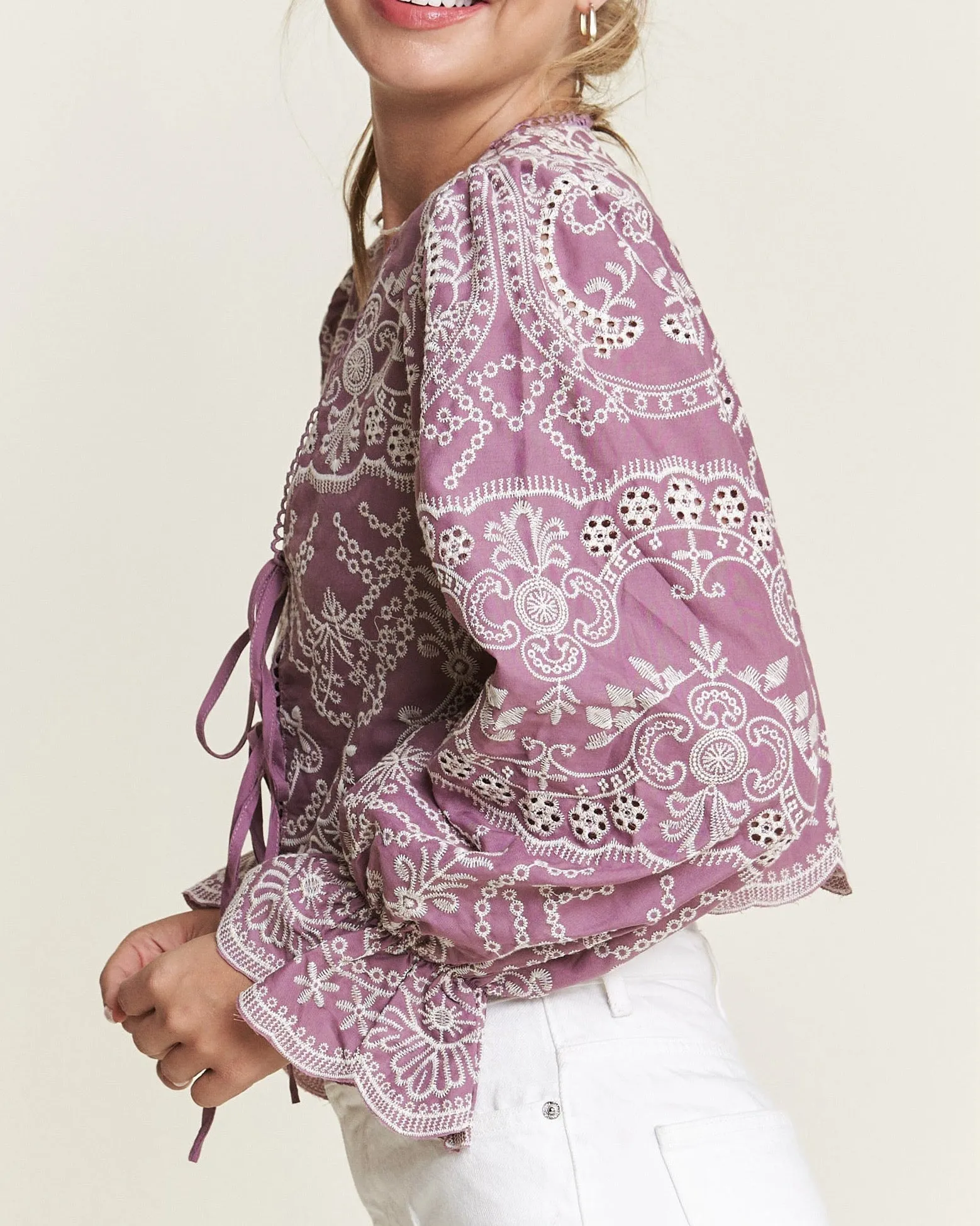 Front Tie Long Sleeve Eyelet Top in Mauve