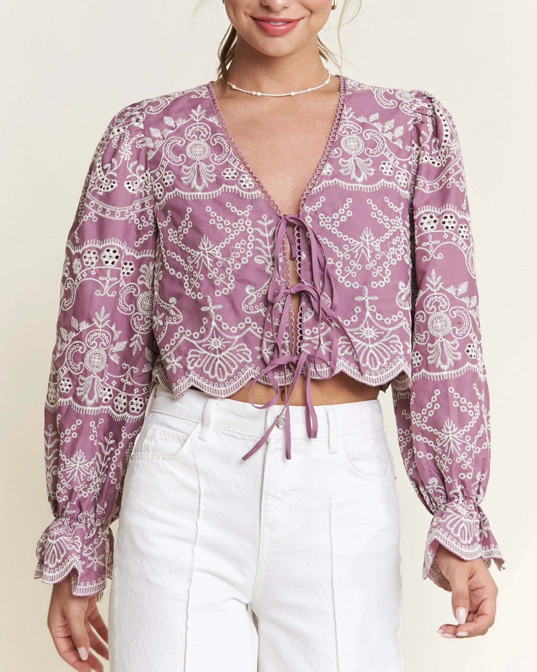 Front Tie Long Sleeve Eyelet Top in Mauve