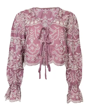 Front Tie Long Sleeve Eyelet Top in Mauve