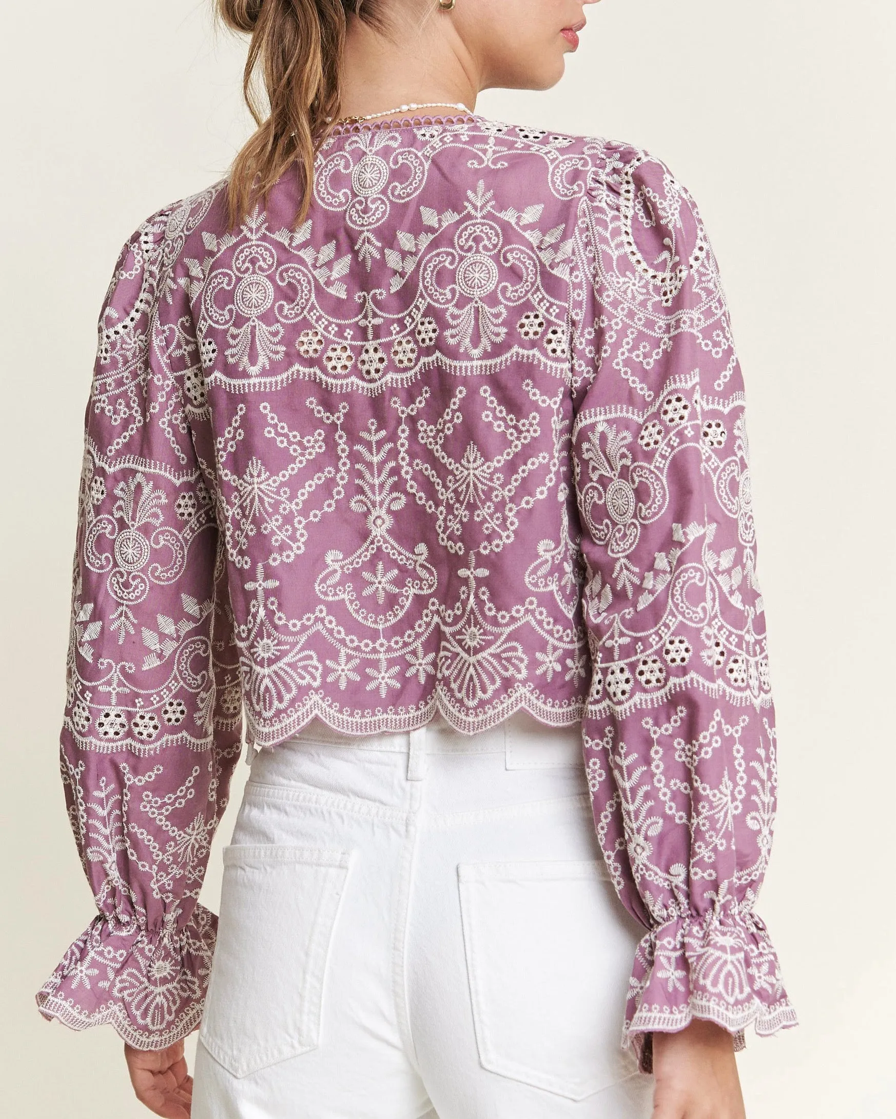 Front Tie Long Sleeve Eyelet Top in Mauve