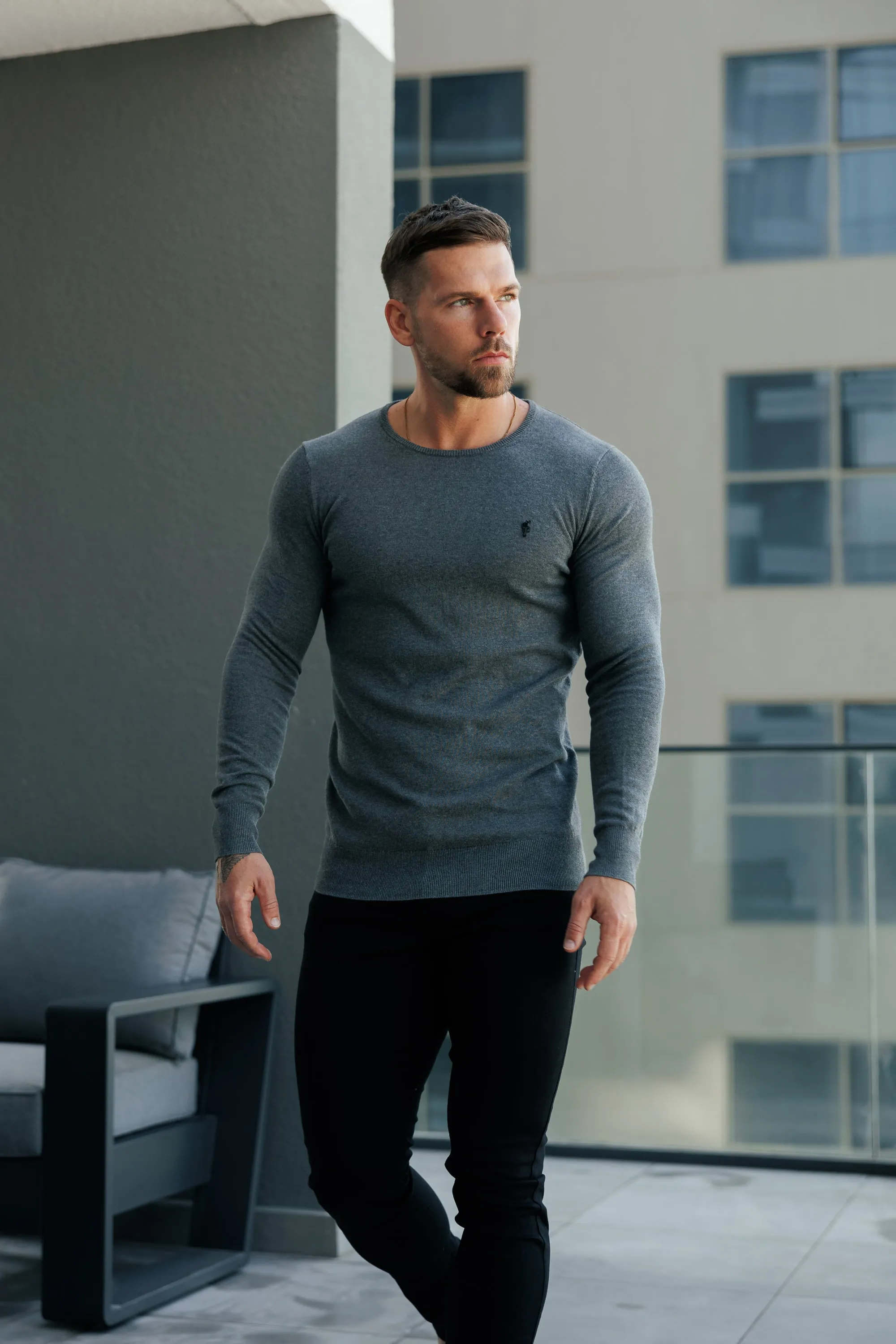 FS Charcoal Crew Neck Knitted Jumper With FS Branding - FSN198