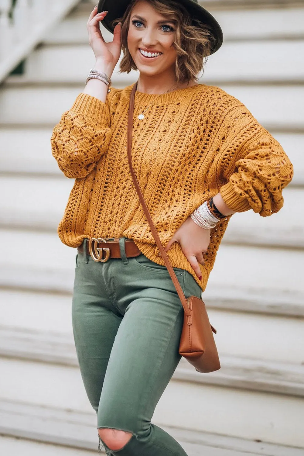 Ginger Hollowed Pattern Knit Drop Shoulder Sweater