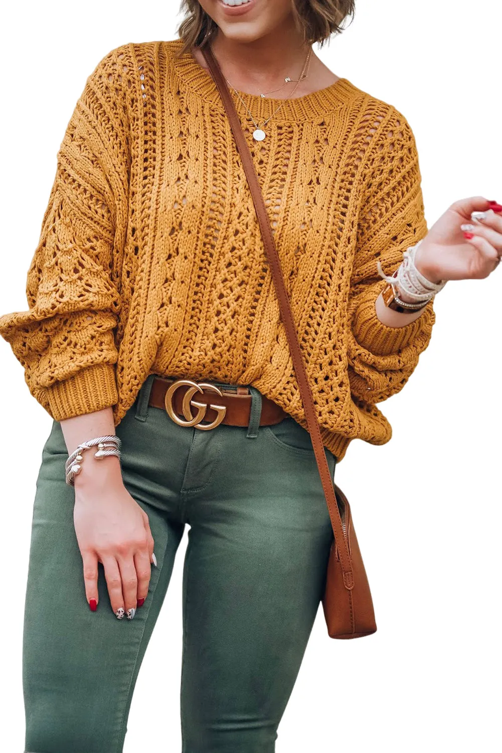 Ginger Hollowed Pattern Knit Drop Shoulder Sweater