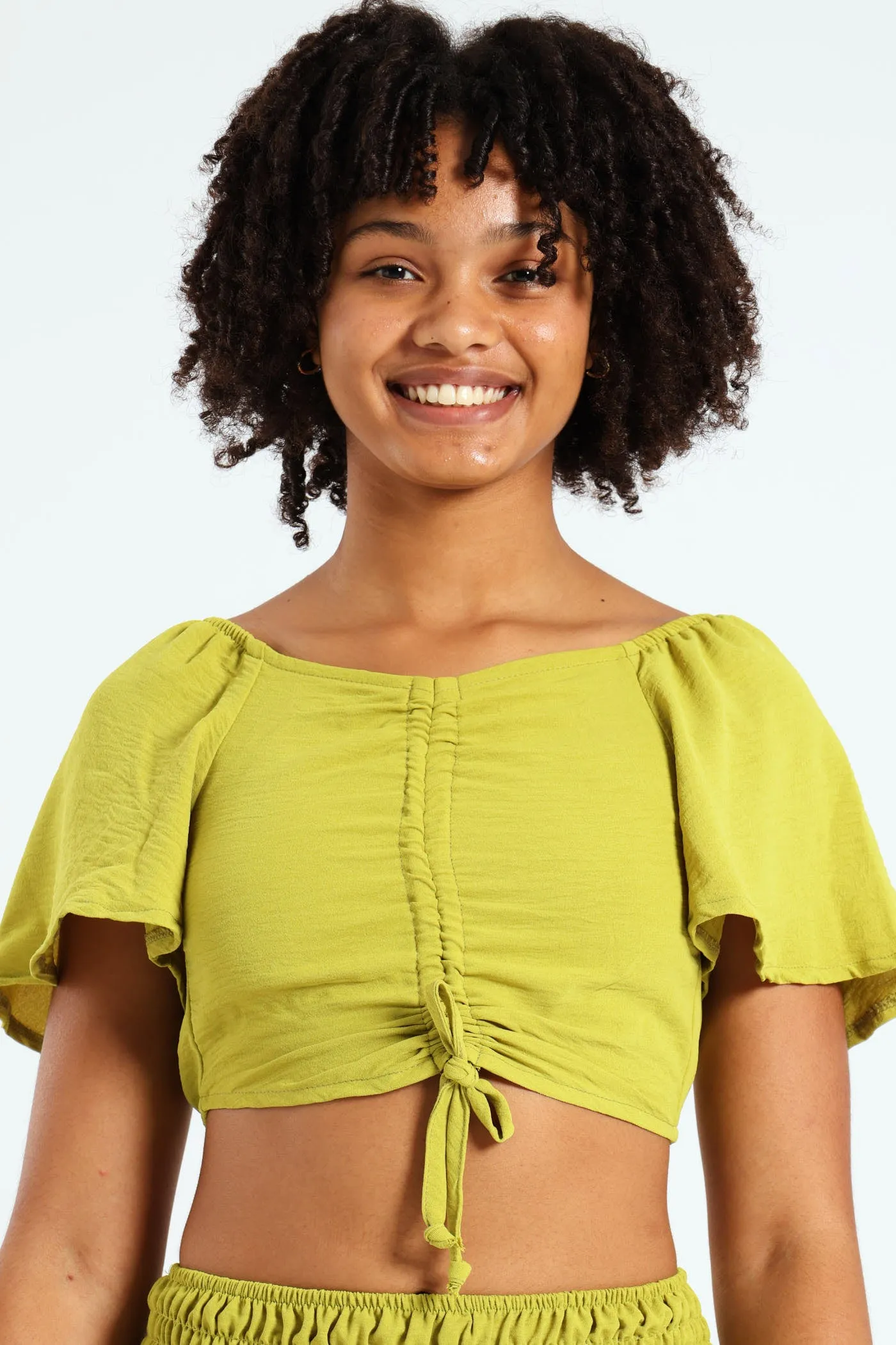 Girls Tie Front Linen Top - Lime