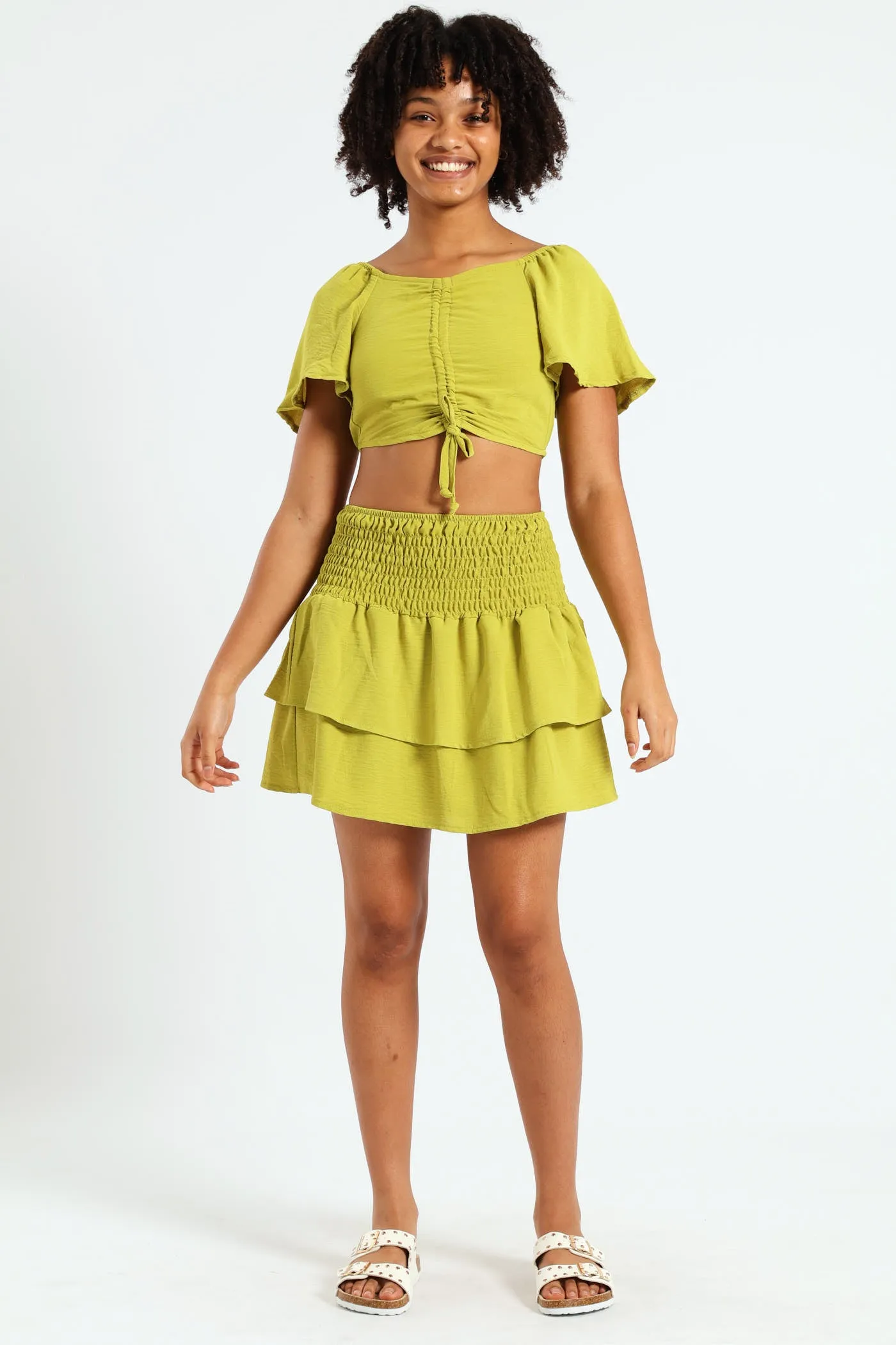 Girls Tie Front Linen Top - Lime