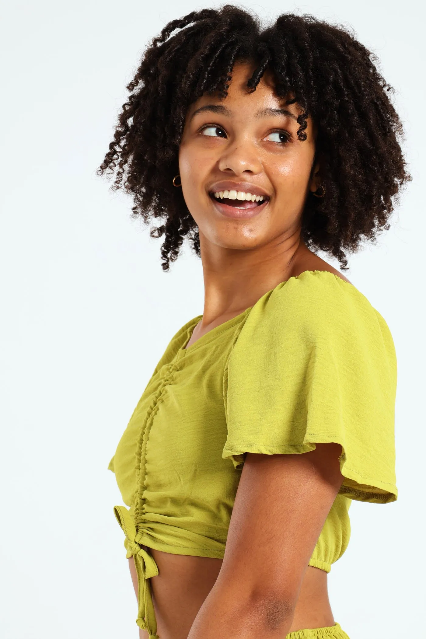 Girls Tie Front Linen Top - Lime