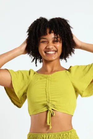 Girls Tie Front Linen Top - Lime