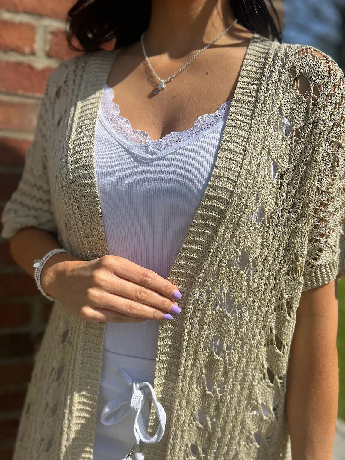 Gold Longline Patterned Weave Cardi Tasha