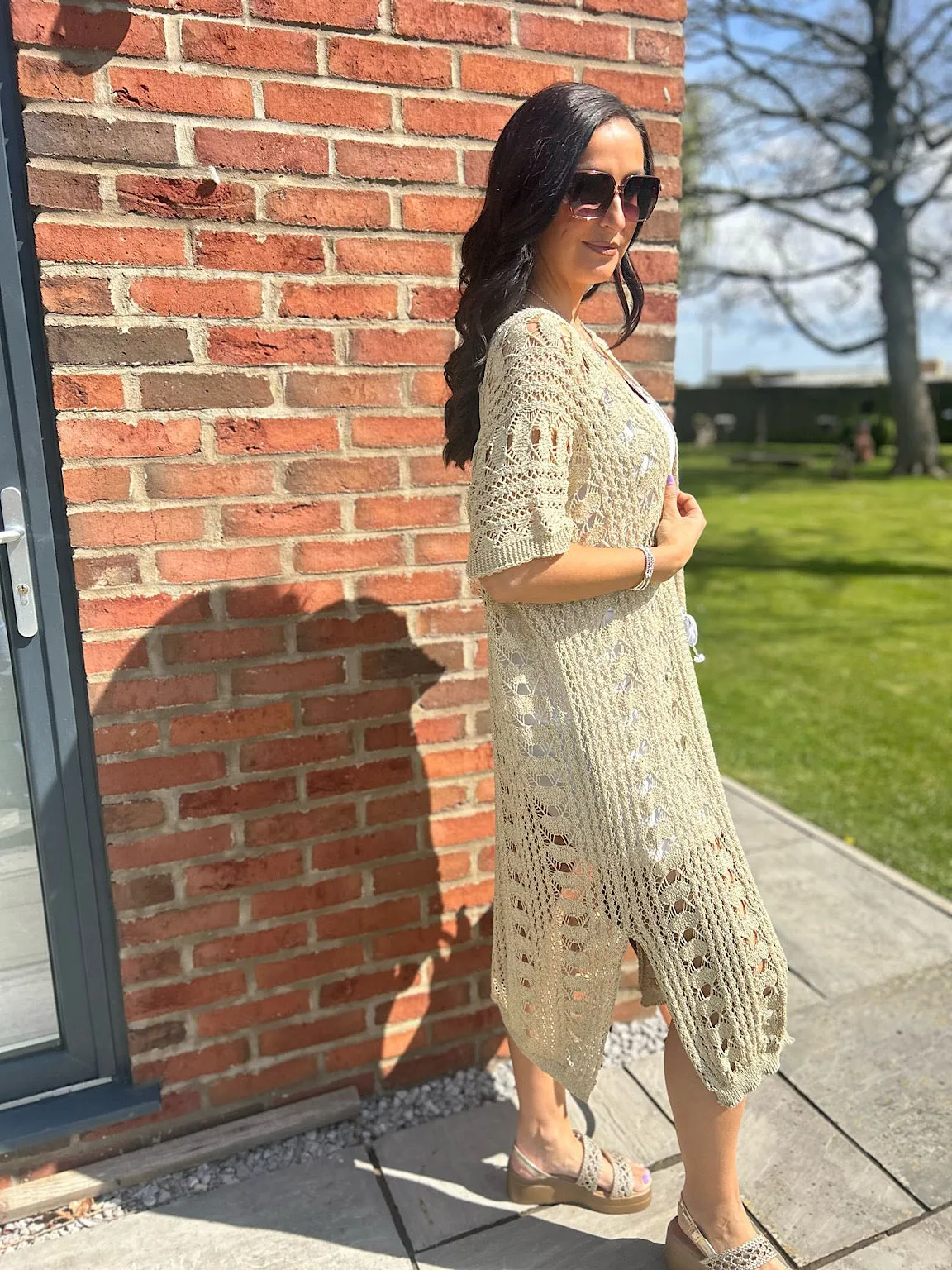 Gold Longline Patterned Weave Cardi Tasha