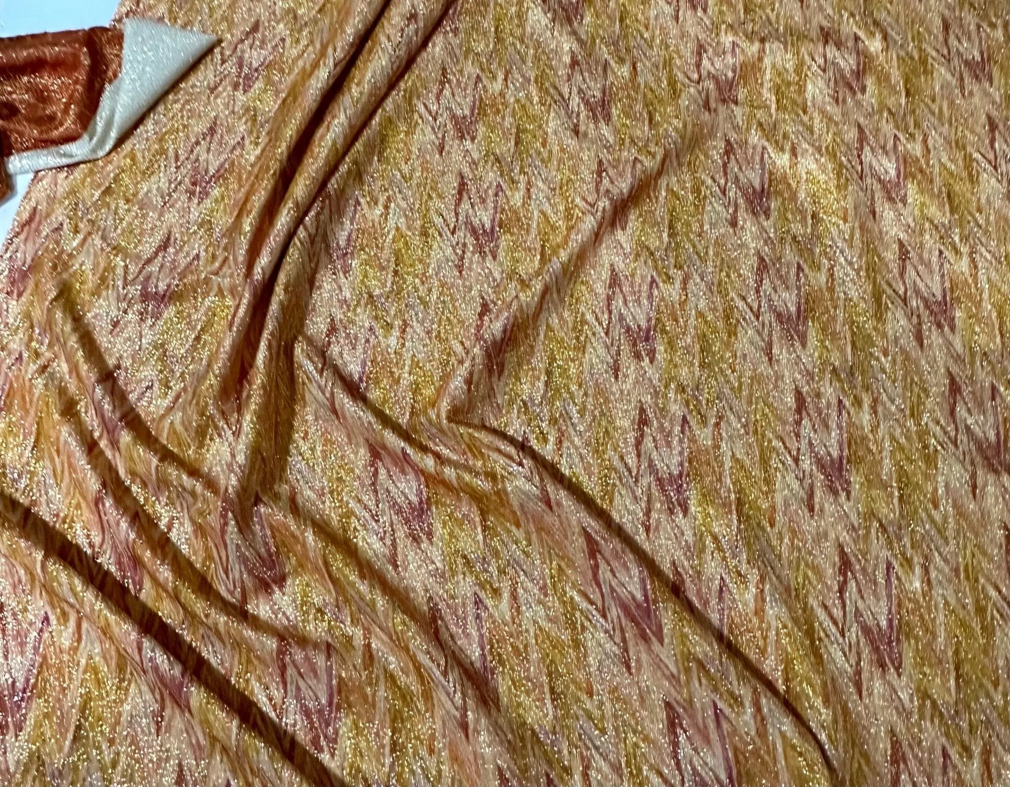 Gold Lurex Stretch Fabric - Glitter Orange Zigzag Pattern