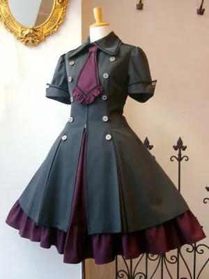 Gothic Lolita Dress OP Military Style Ruffle Bowtie Button Lace Up Burgundy Lolita One Piece Dress